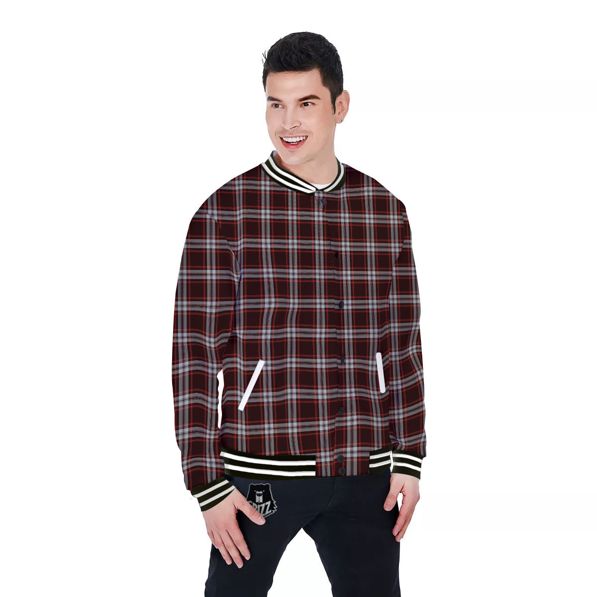Scottish Plaid Grey Black And Red Print Baseball Jacket-grizzshop