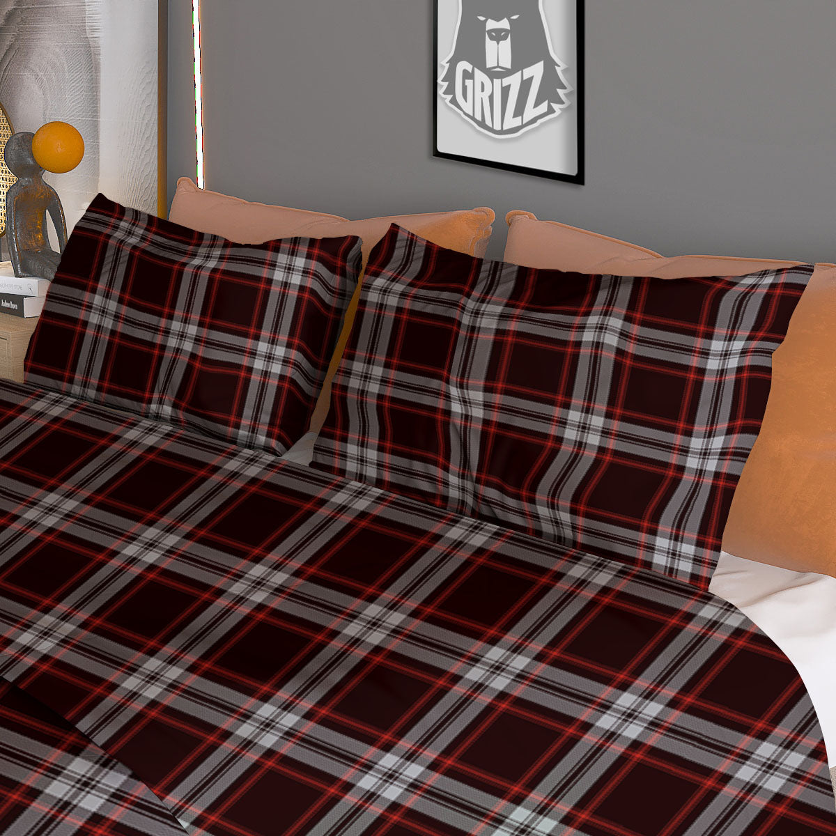 Scottish Plaid Grey Black And Red Print Duvet Cover Bedding Set