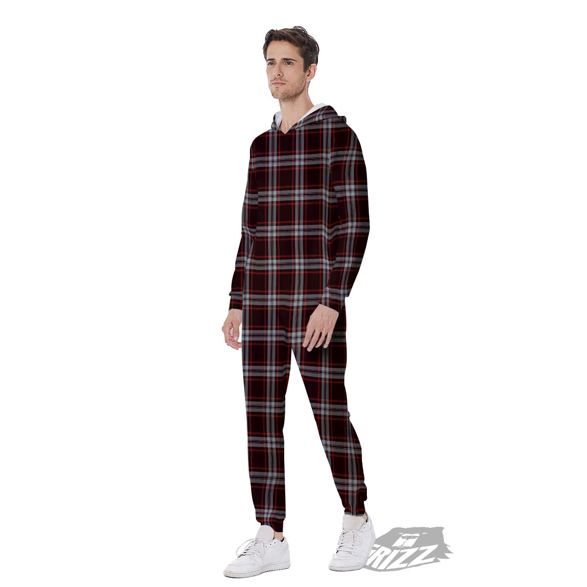 Scottish Plaid Grey Black And Red Print Men's Jumpsuit-grizzshop