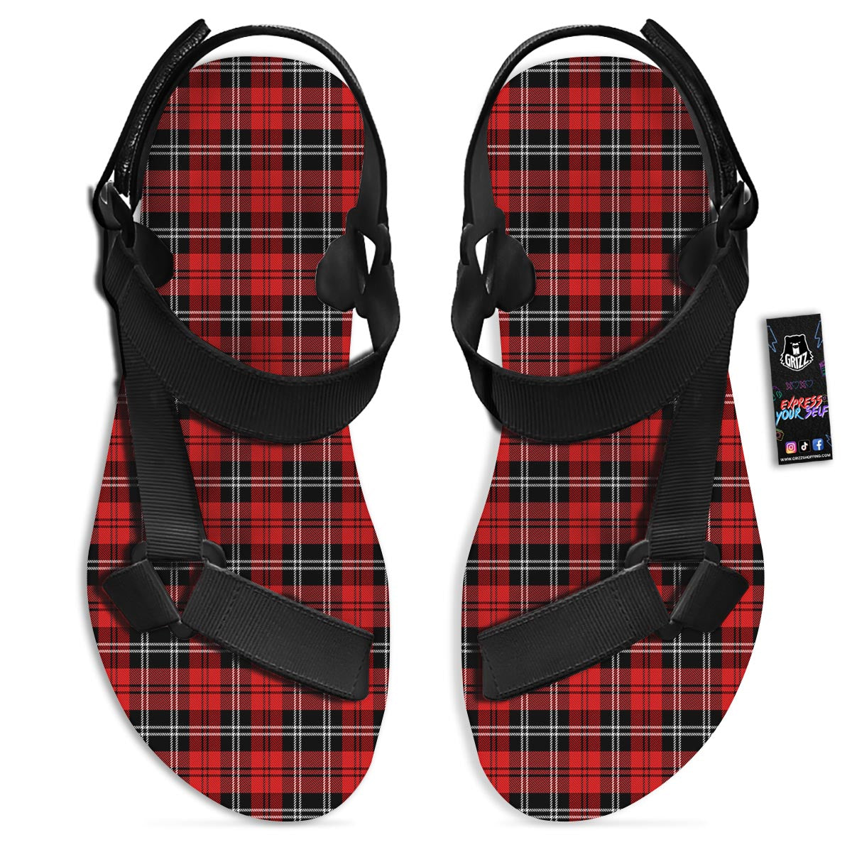 Scottish Plaid Red Black And White Print Pattern Black Open Toe Sandals-grizzshop
