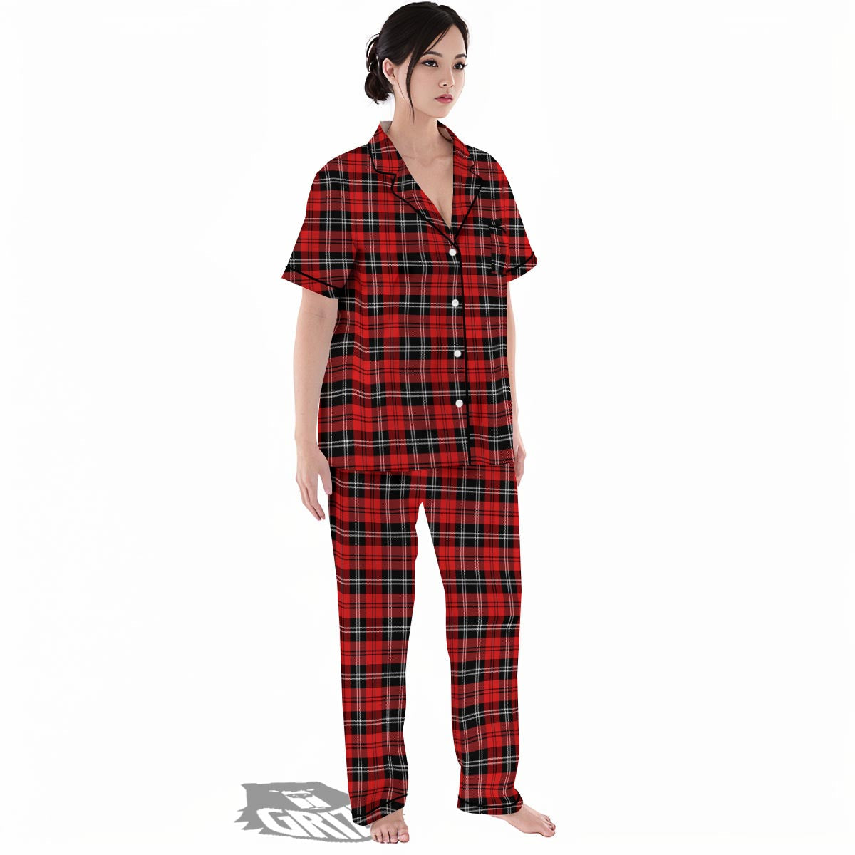 Scottish Plaid Red Black And White Print Pattern Women's Pajamas Set-grizzshop