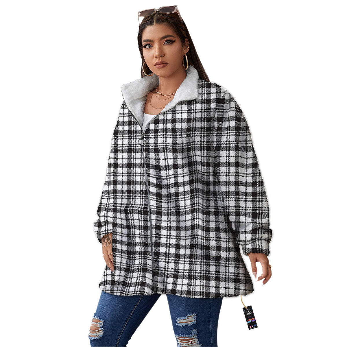 Scottish Tartan Black Watch Print Women's Sherpa Jacket-grizzshop