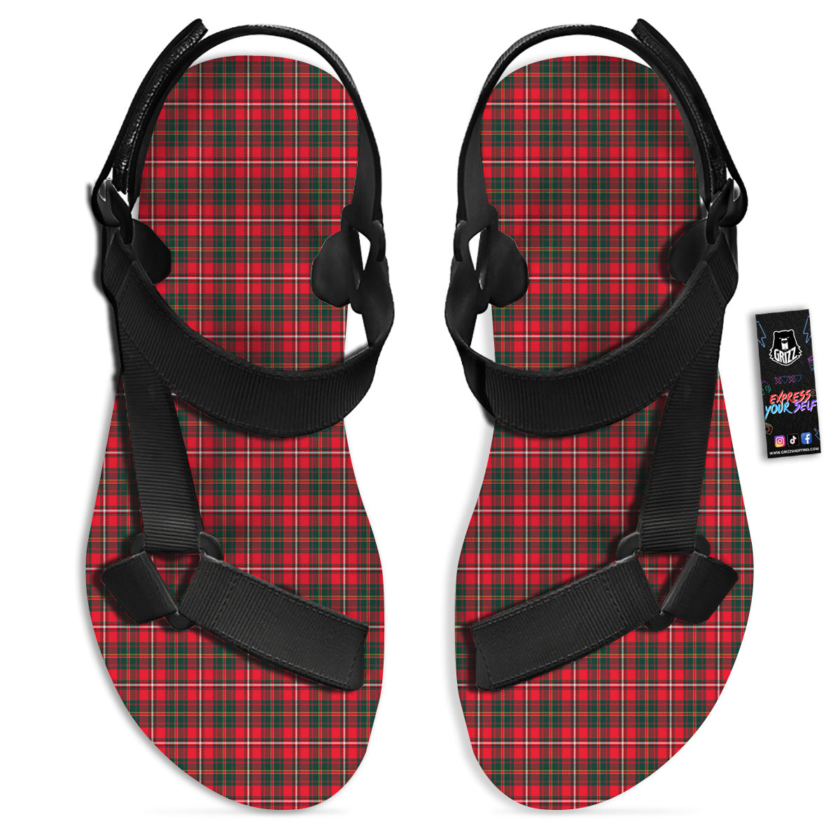 Scottish Tartan Green And Red Print Black Open Toe Sandals-grizzshop