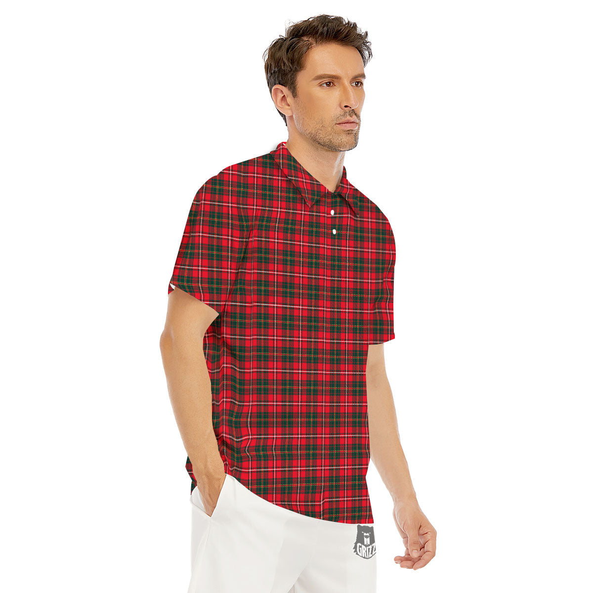Scottish Tartan Green And Red Print Men's Golf Shirts-grizzshop