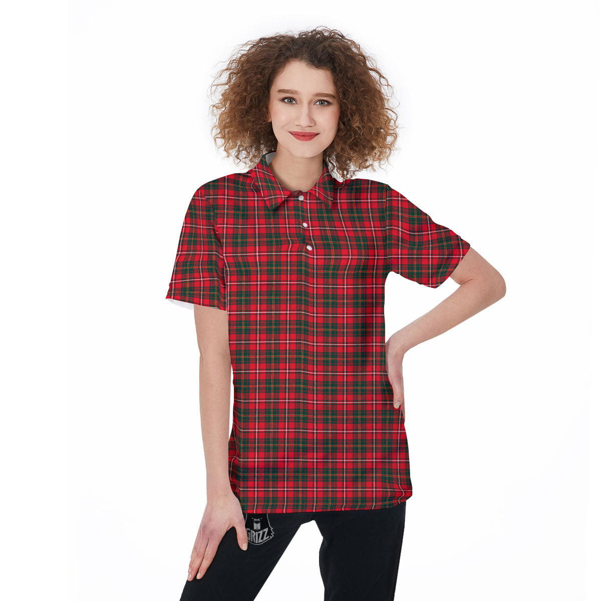 Scottish Tartan Green And Red Print Women's Golf Shirts-grizzshop