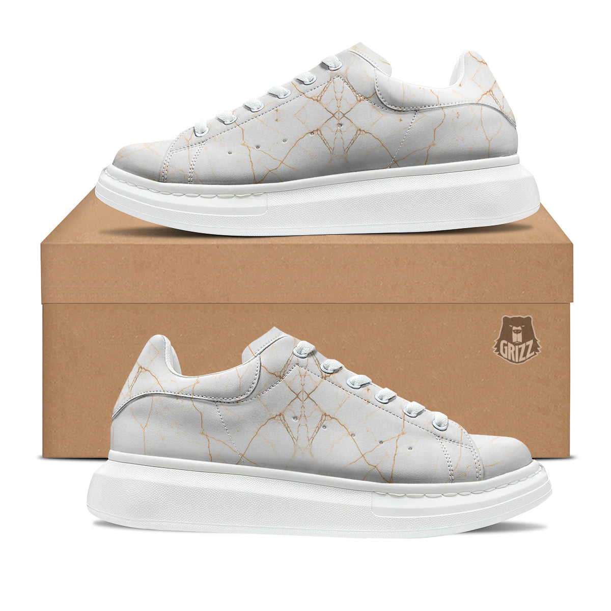 Scratch Marble White Gold Print Pattern Platform Shoes-grizzshop
