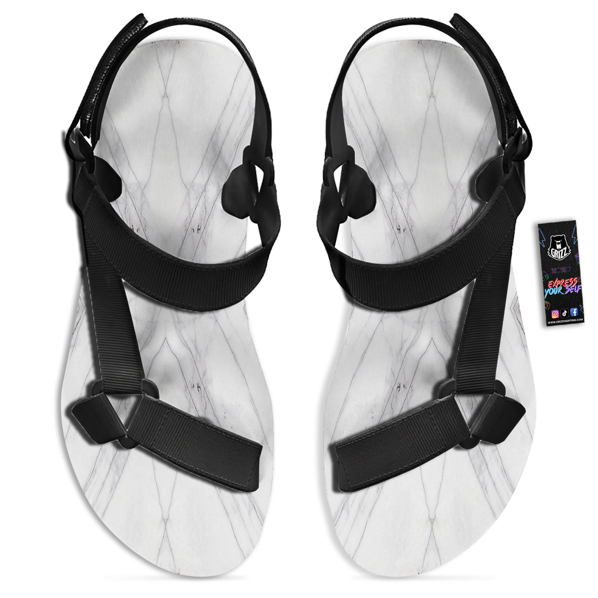 Scratch Marble White Gray Print Pattern Black Open Toe Sandals-grizzshop