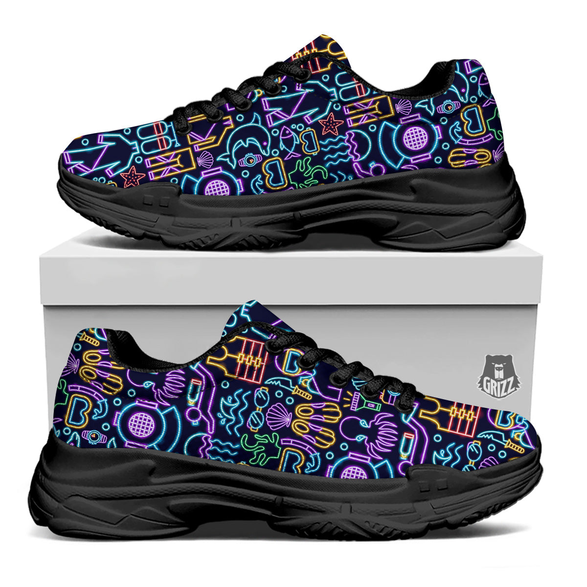 Scuba Diver Neon Print Pattern Black Chunky Shoes-grizzshop
