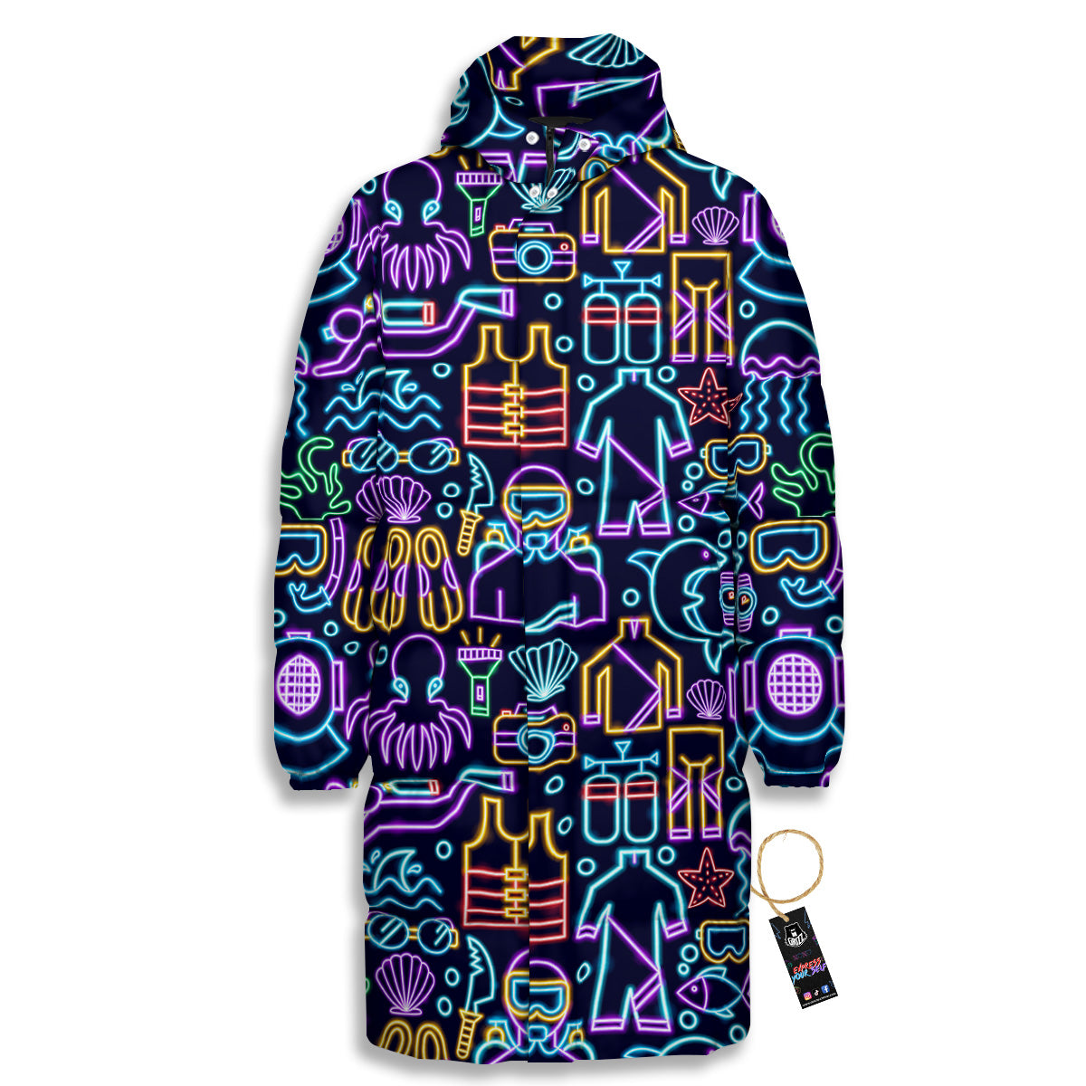 Scuba Diver Neon Print Pattern Long Down Jacket-grizzshop