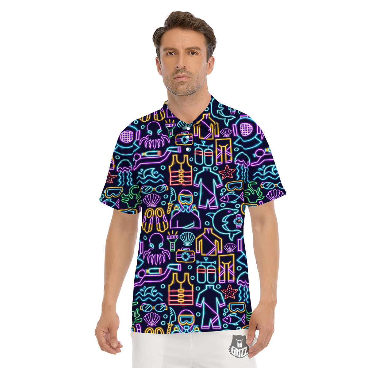 Scuba Diver Neon Print Pattern Men's Golf Shirts-grizzshop