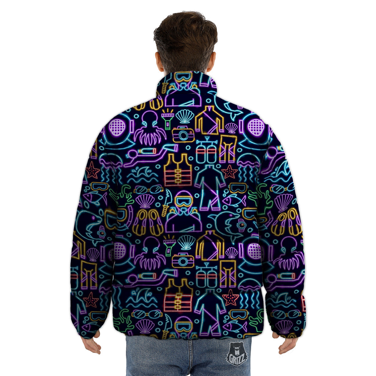 Scuba Diver Neon Print Pattern Puffer Jacket-grizzshop