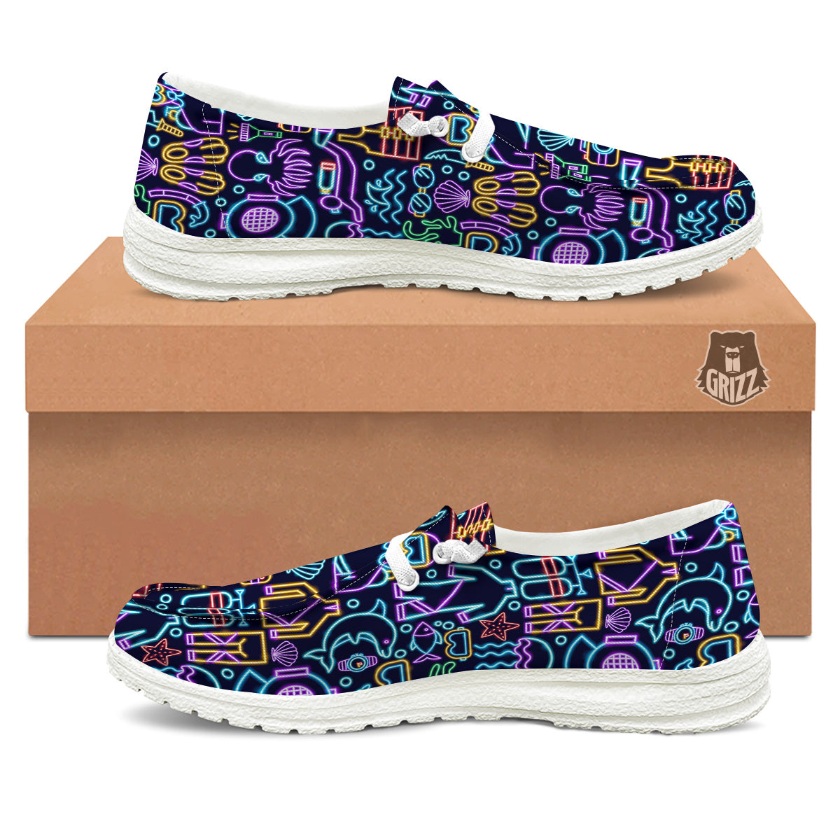 Scuba Diver Neon Print Pattern White Loafers-grizzshop