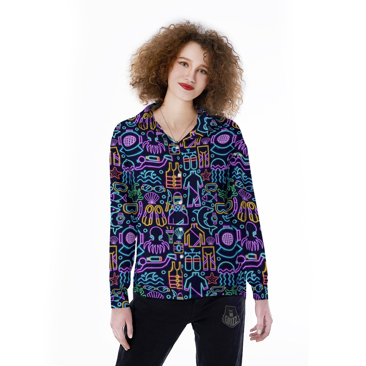 Scuba Diver Neon Print Pattern Women's Long Sleeve Shirts-grizzshop