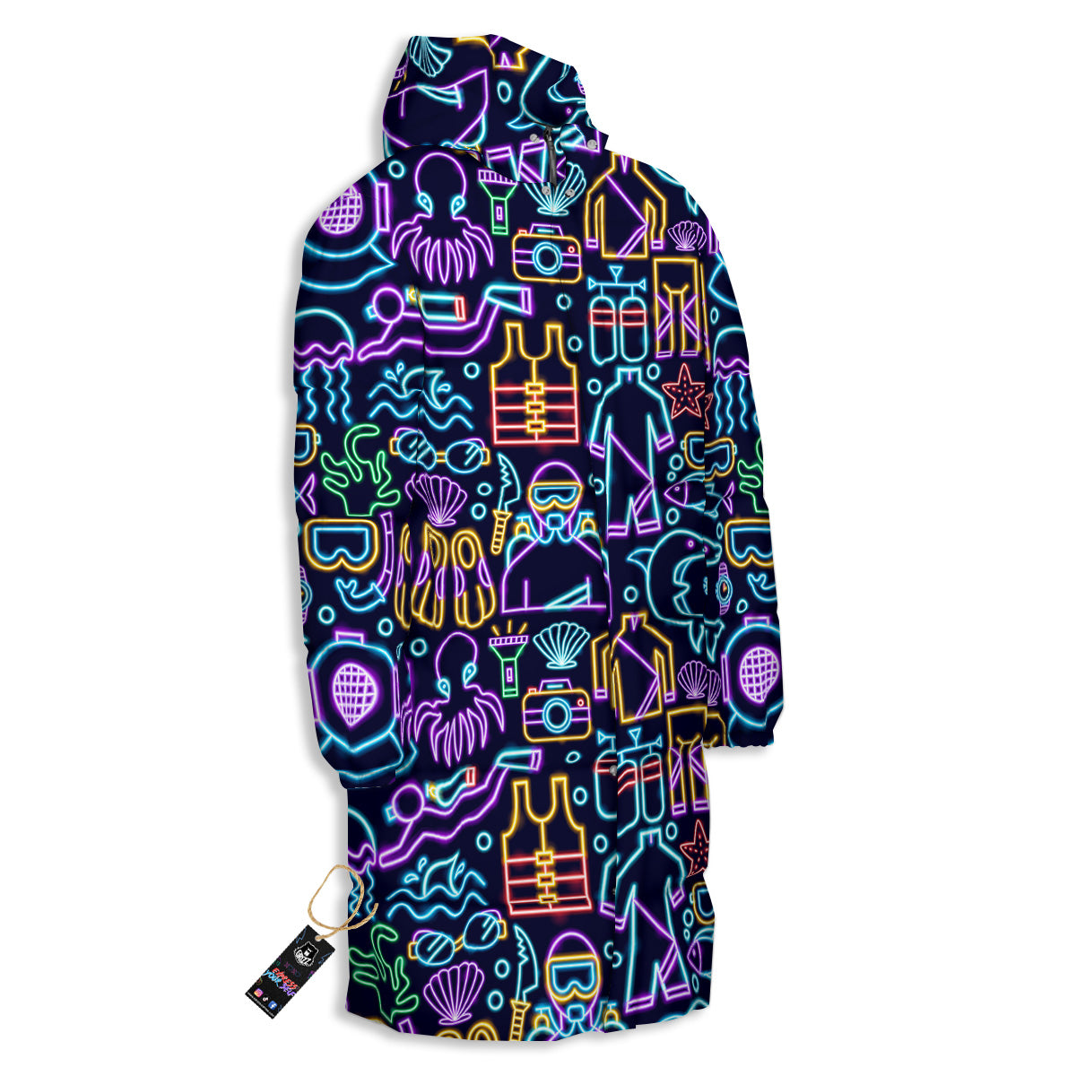 Scuba Diver Neon Print Pattern Long Down Jacket