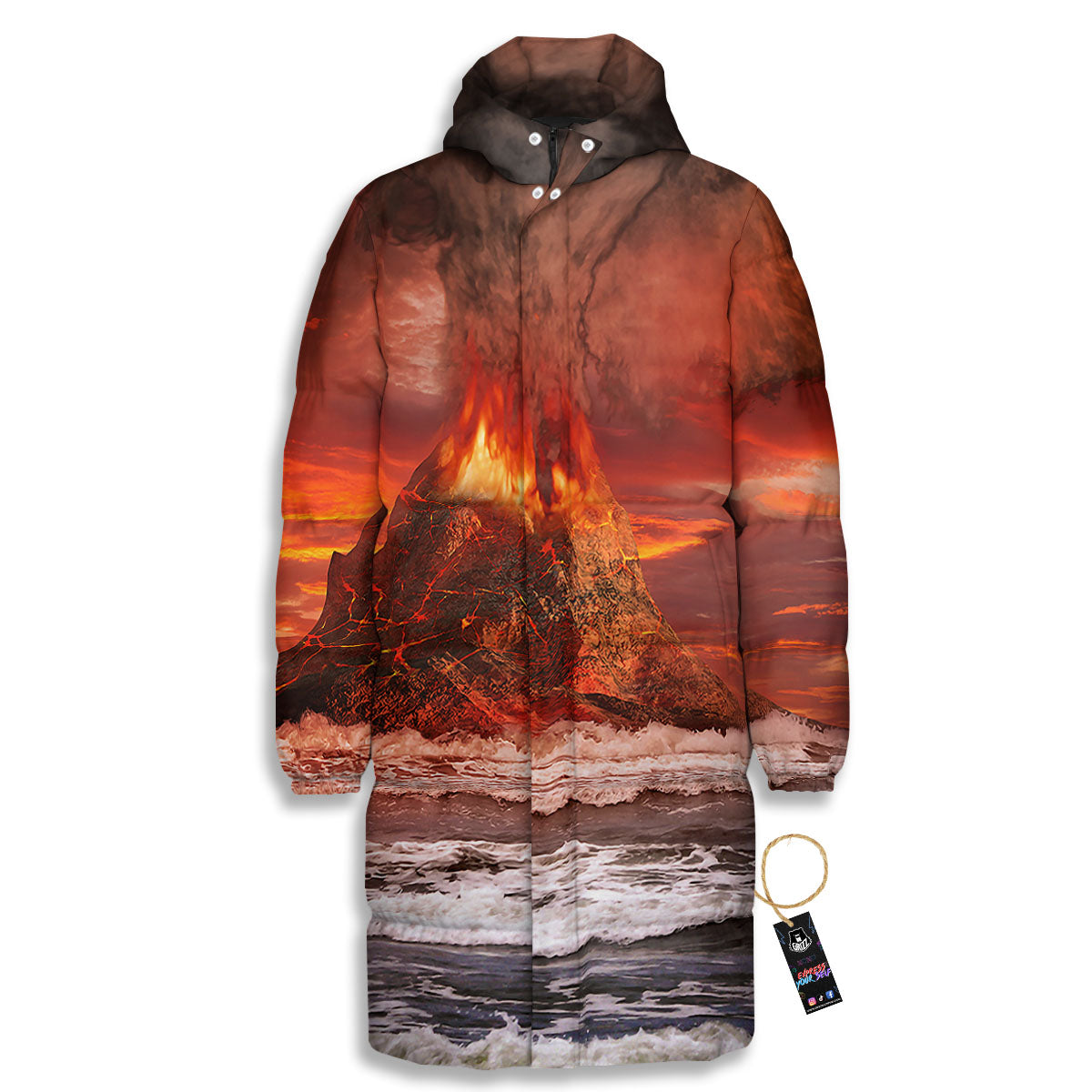 Sea And Volcano Print Long Down Jacket-grizzshop