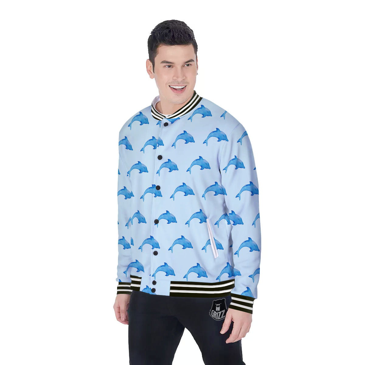 Sea Dolphin Watercolor Print Pattern Baseball Jacket-grizzshop