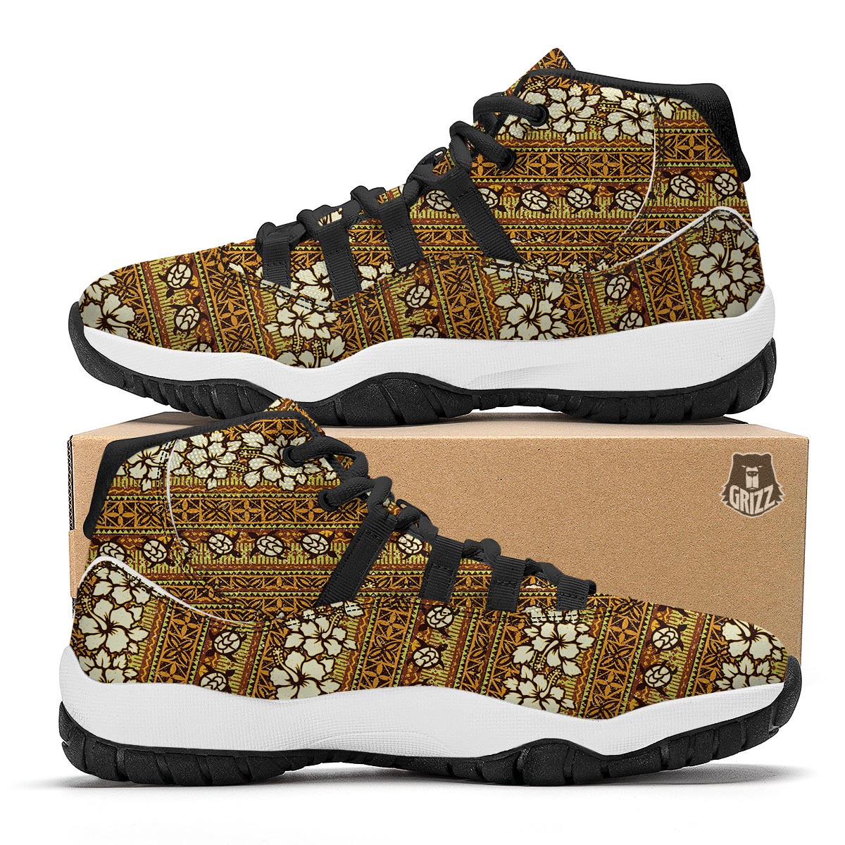 Sea Turtle Aztec Hibiscus Hawaiian Pattern Print Black Bball Shoes-grizzshop