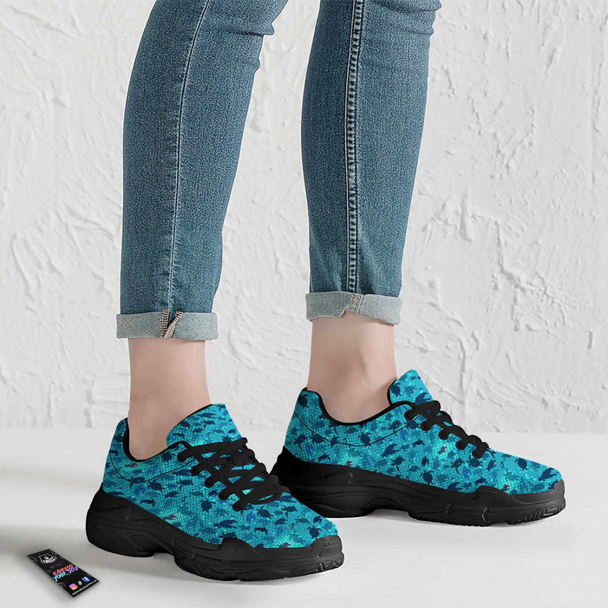 Sea Turtle Black And Blue Print Pattern Black Chunky Shoes-grizzshop