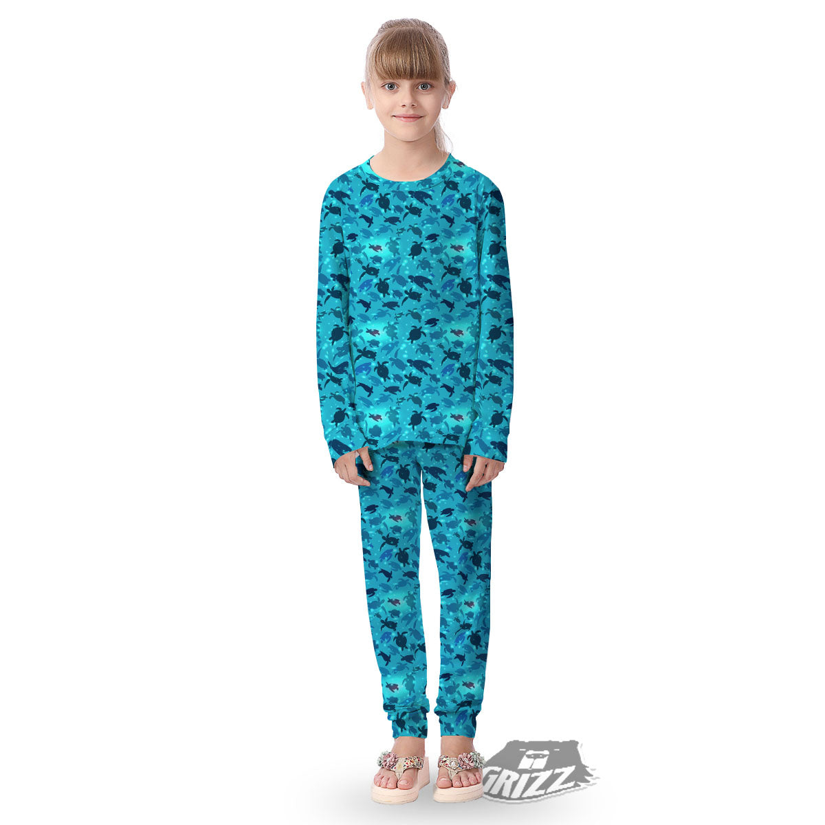 Sea Turtle Black And Blue Print Pattern Kid's Pajamas-grizzshop