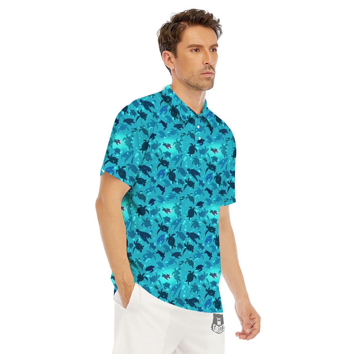 Sea Turtle Black And Blue Print Pattern Men's Golf Shirts-grizzshop