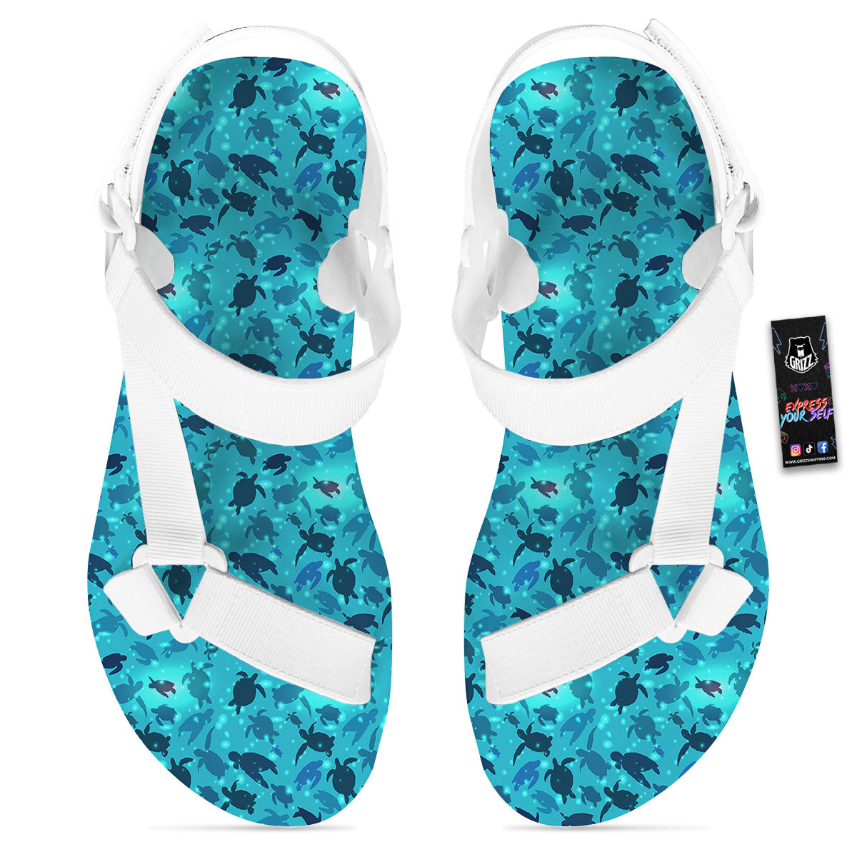 Sea Turtle Black And Blue Print Pattern White Open Toe Sandals-grizzshop
