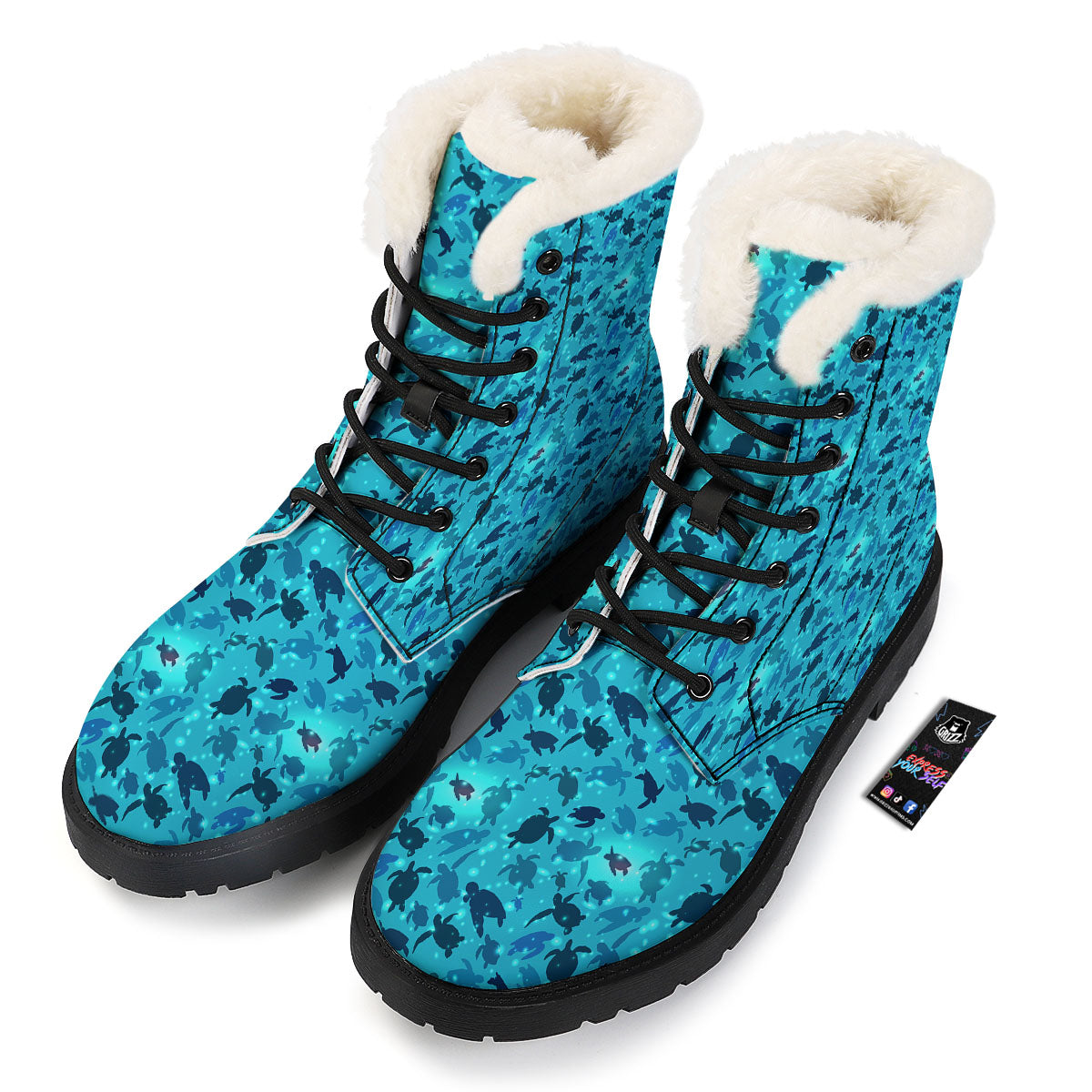 Sea Turtle Black And Blue Print Pattern Winter Boots-grizzshop