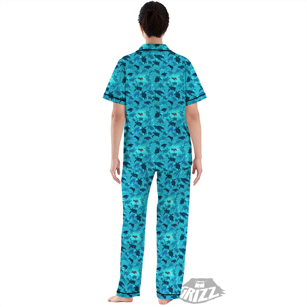 Sea Turtle Black And Blue Print Pattern Women's Pajamas Set-grizzshop