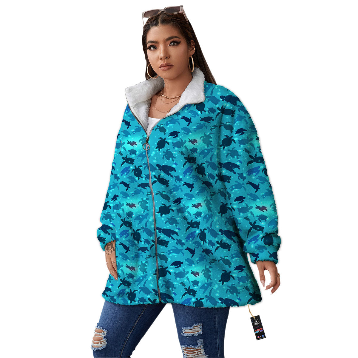 Sea Turtle Black And Blue Print Pattern Women's Sherpa Jacket-grizzshop