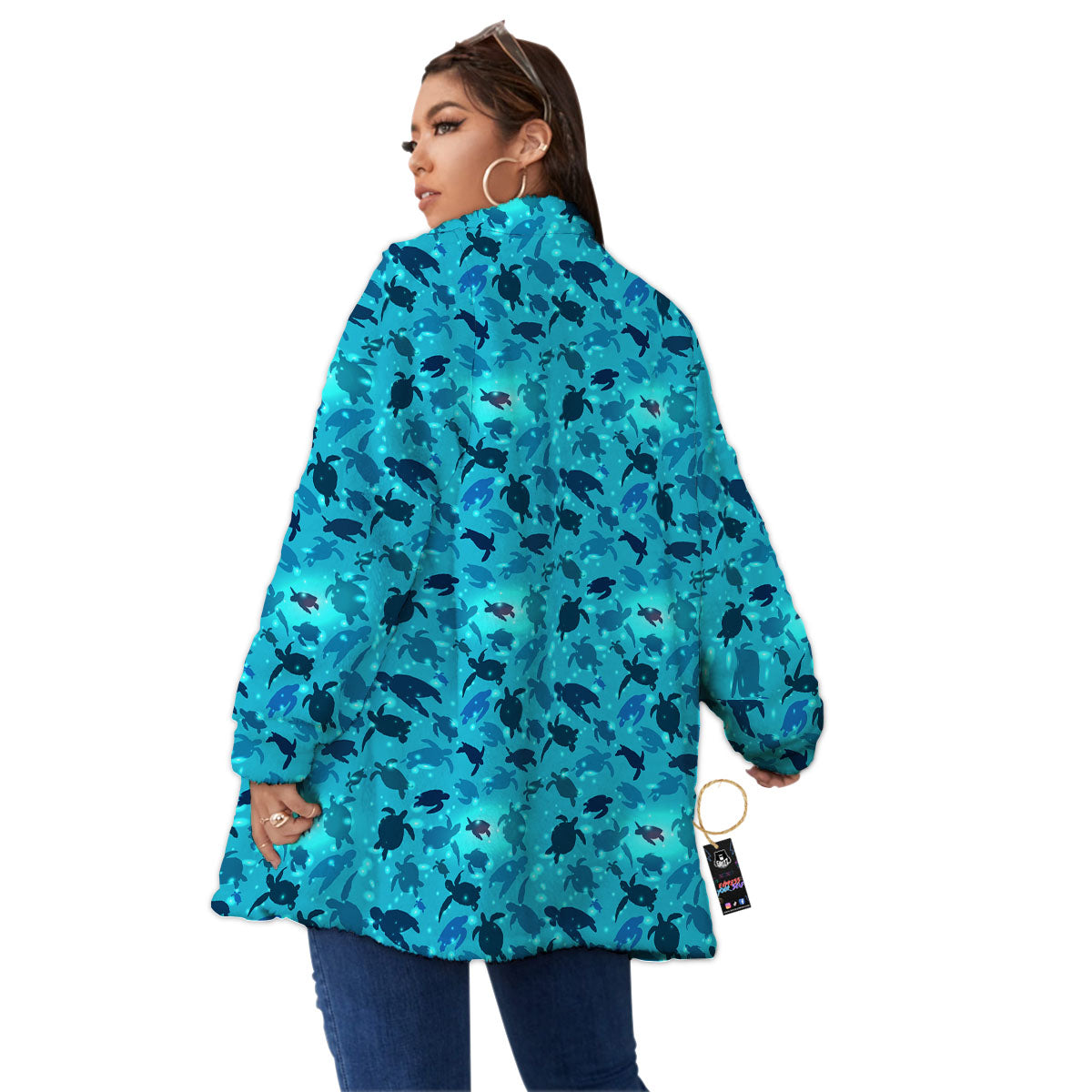 Sea Turtle Black And Blue Print Pattern Women's Sherpa Jacket-grizzshop