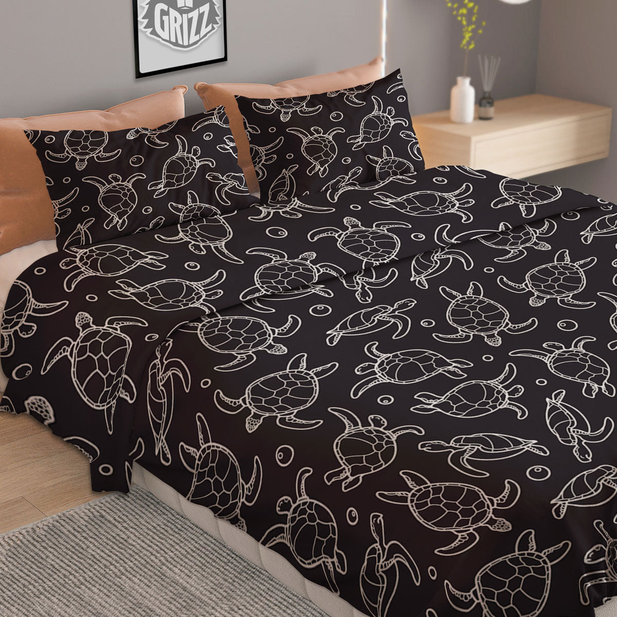 Sea Turtle Black And White Print Pattern Duvet Cover Bedding Set