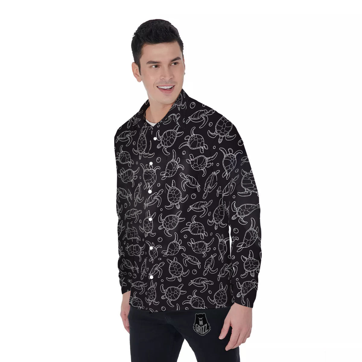Sea Turtle Black And White Print Pattern Men's Long Sleeve Shirts-grizzshop