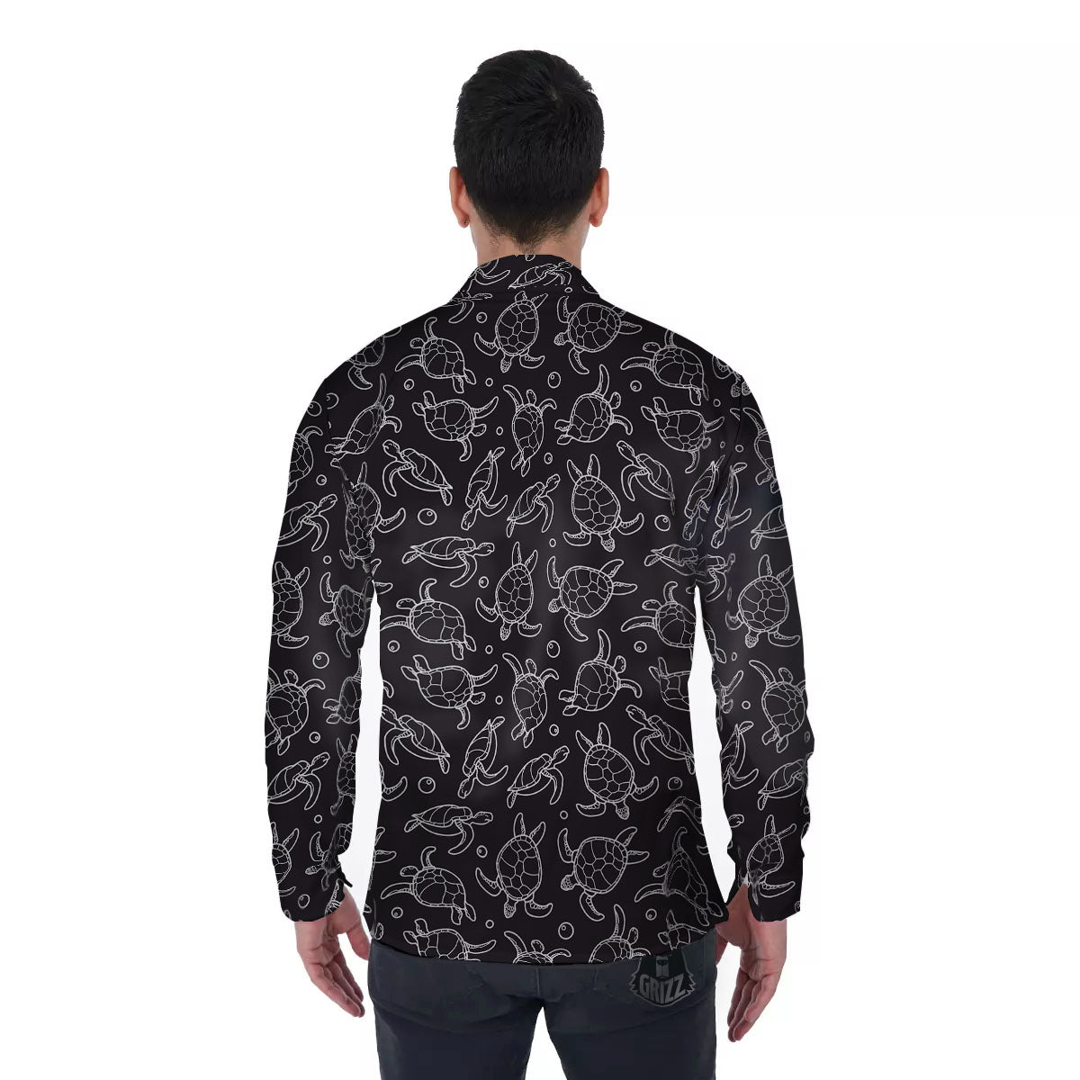 Sea Turtle Black And White Print Pattern Men's Long Sleeve Shirts-grizzshop