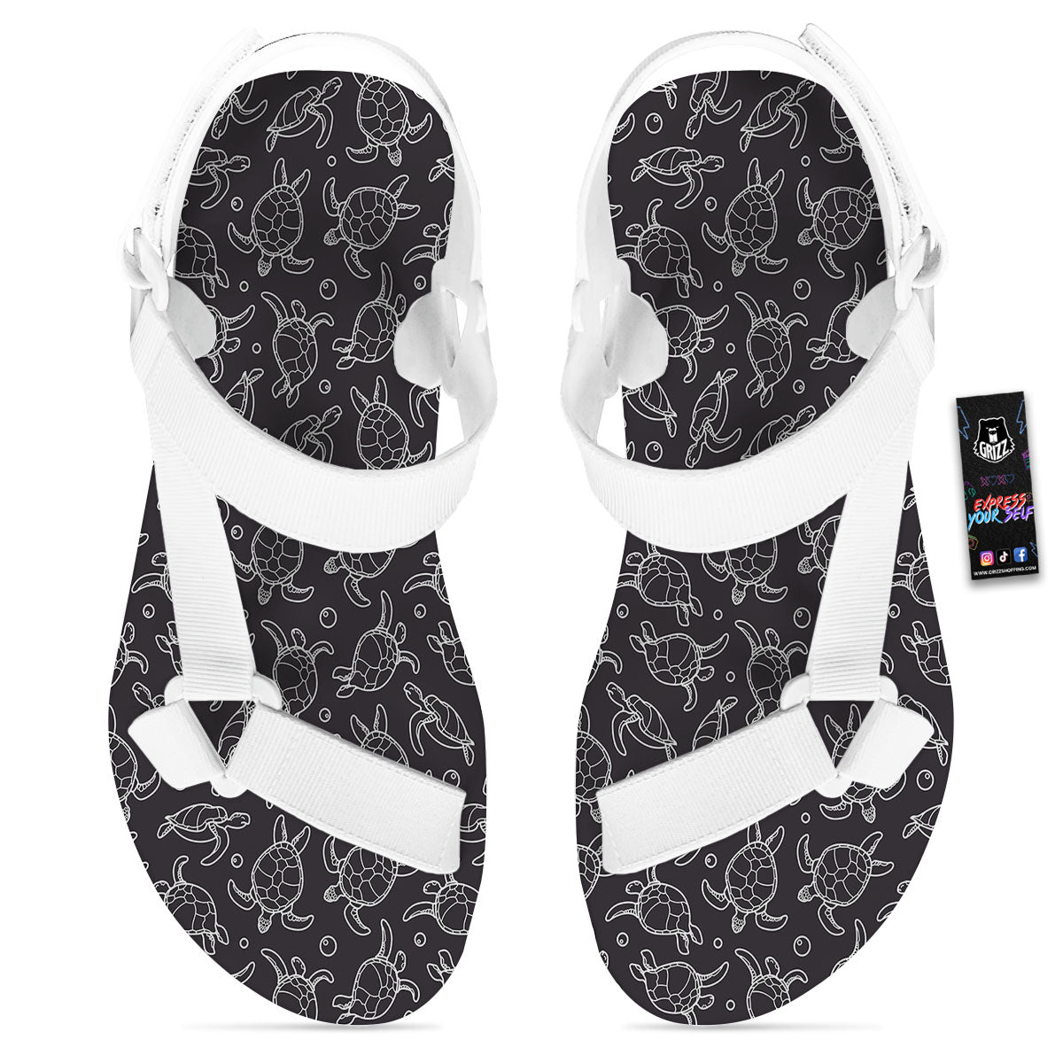 Sea Turtle Black And White Print Pattern White Open Toe Sandals-grizzshop