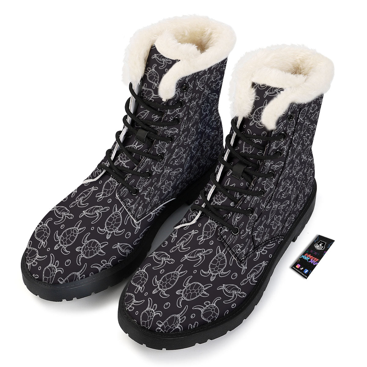 Sea Turtle Black And White Print Pattern Winter Boots-grizzshop