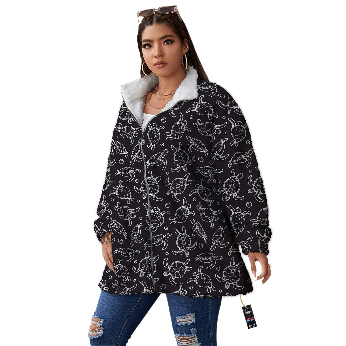 Sea Turtle Black And White Print Pattern Women's Sherpa Jacket-grizzshop