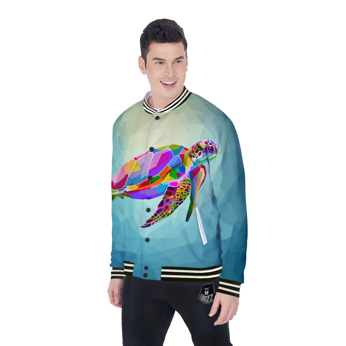 Sea Turtle Colorful Print Baseball Jacket-grizzshop