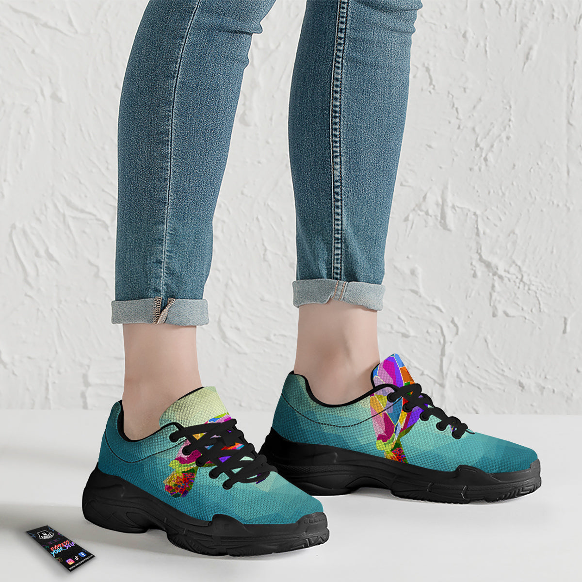 Sea Turtle Colorful Print Black Chunky Shoes-grizzshop