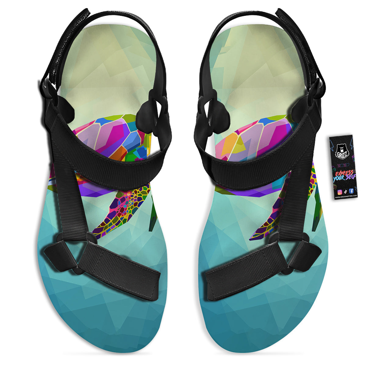 Sea Turtle Colorful Print Black Open Toe Sandals-grizzshop