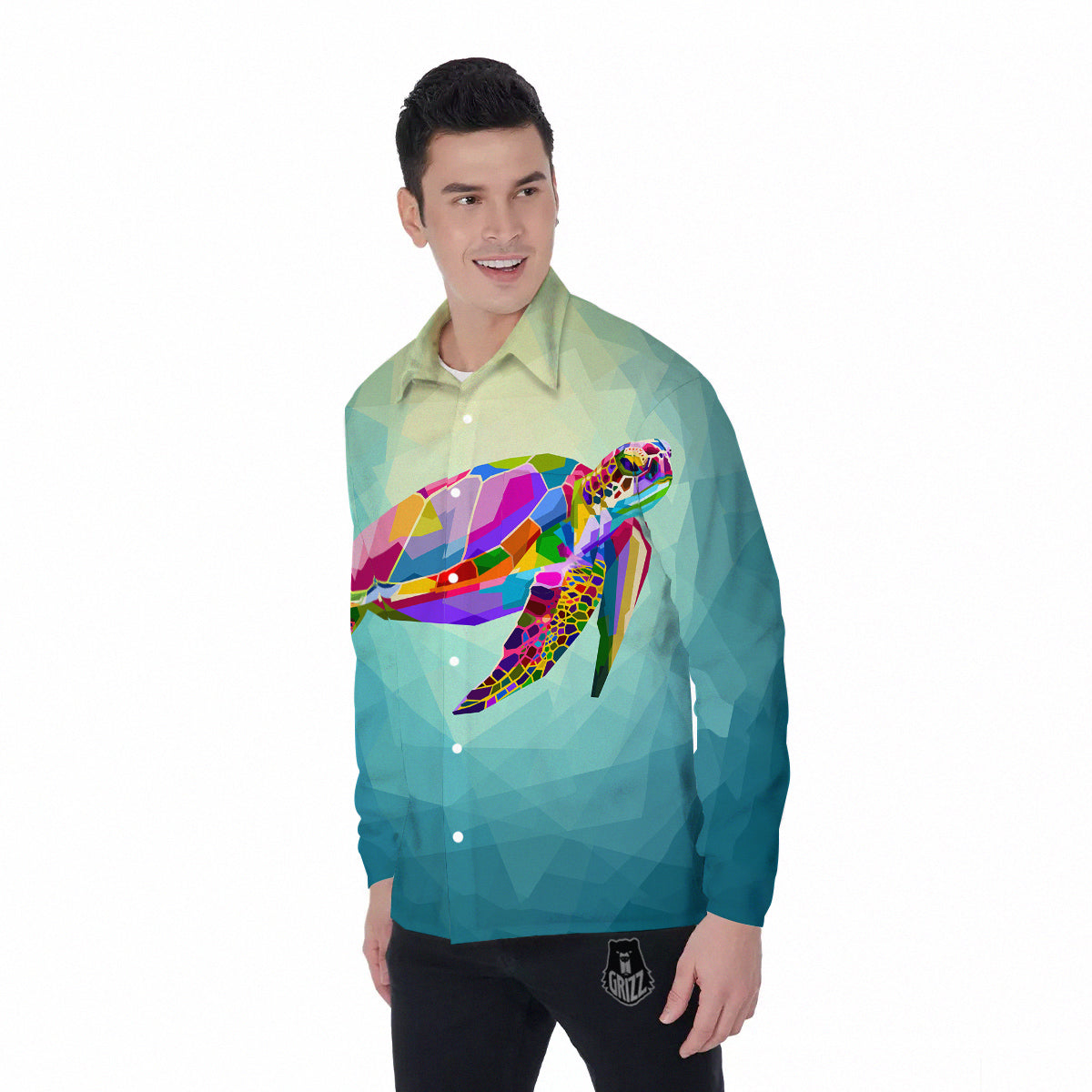 Sea Turtle Colorful Print Men's Long Sleeve Shirts-grizzshop