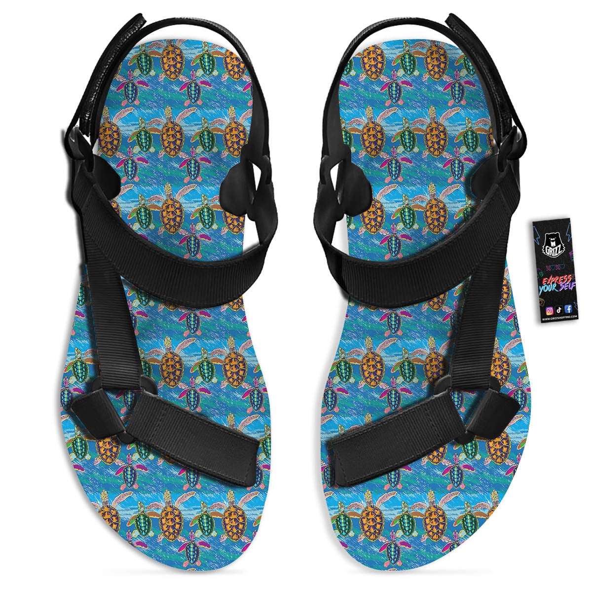 Sea Turtle Colorful Print Pattern Black Open Toe Sandals-grizzshop