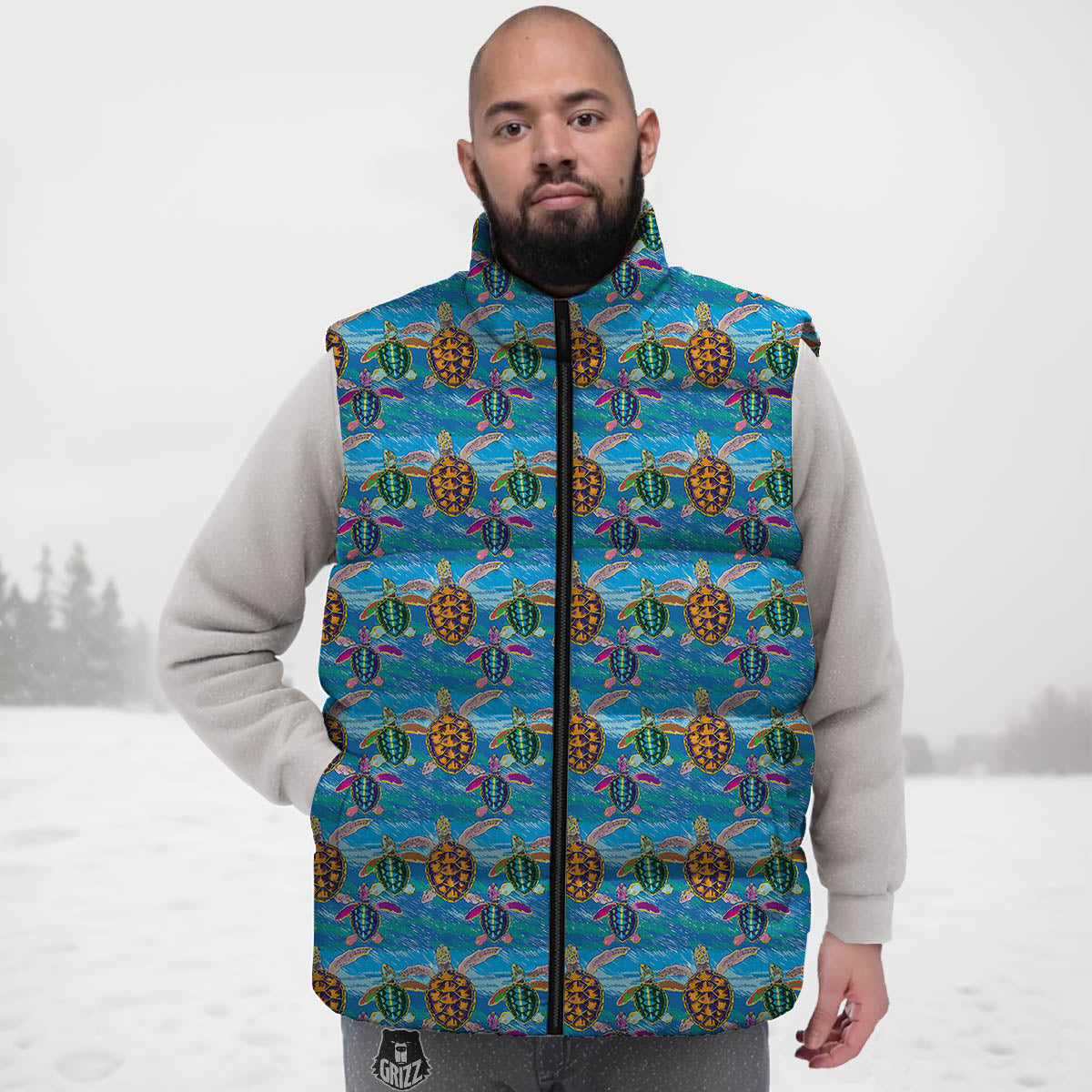 Sea Turtle Colorful Print Pattern Down Vest