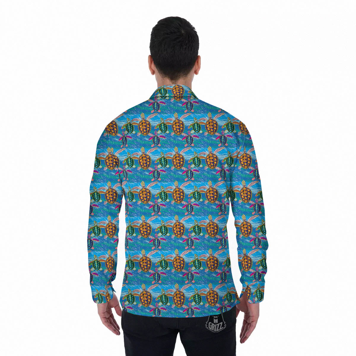 Sea Turtle Colorful Print Pattern Men's Long Sleeve Shirts-grizzshop