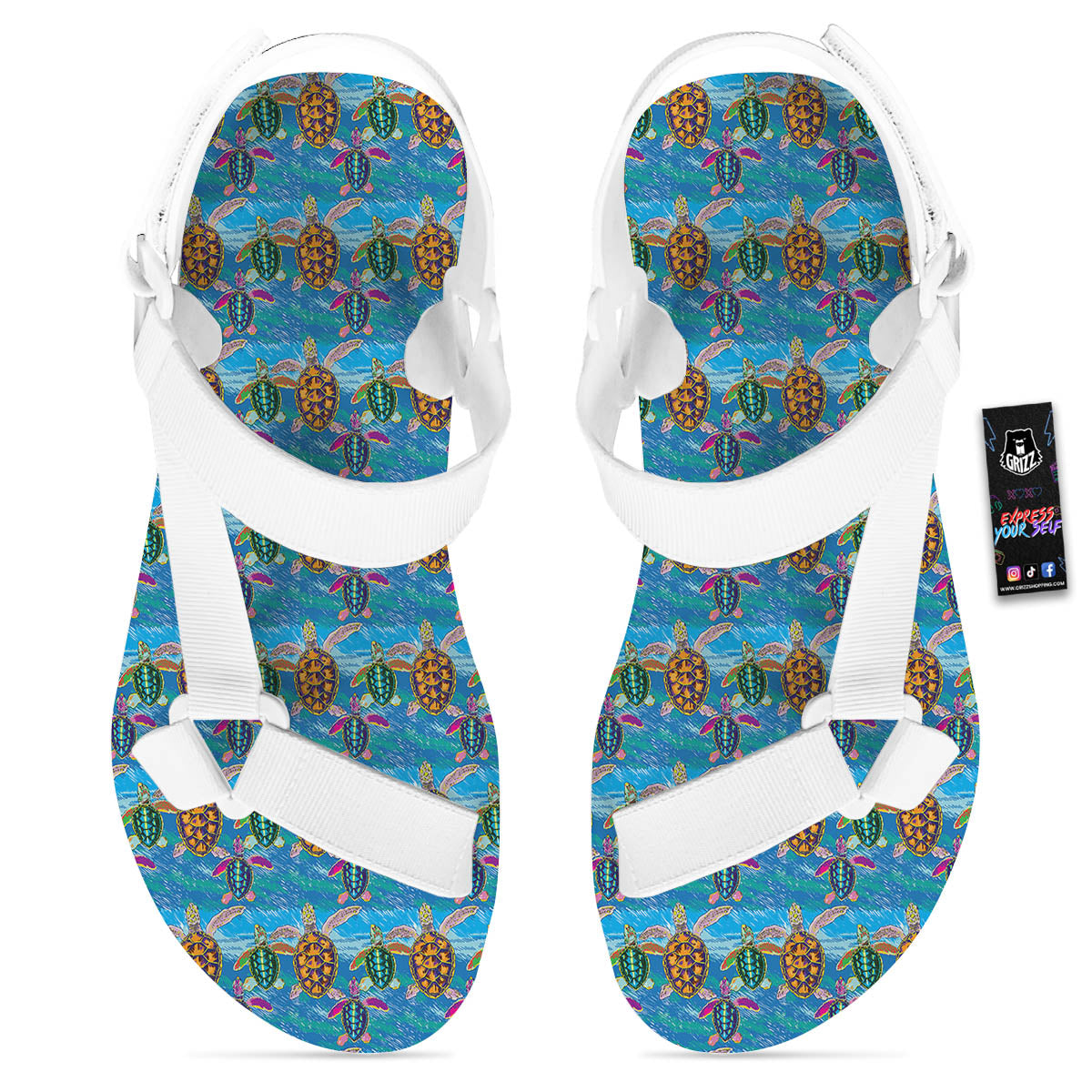 Sea Turtle Colorful Print Pattern White Open Toe Sandals-grizzshop