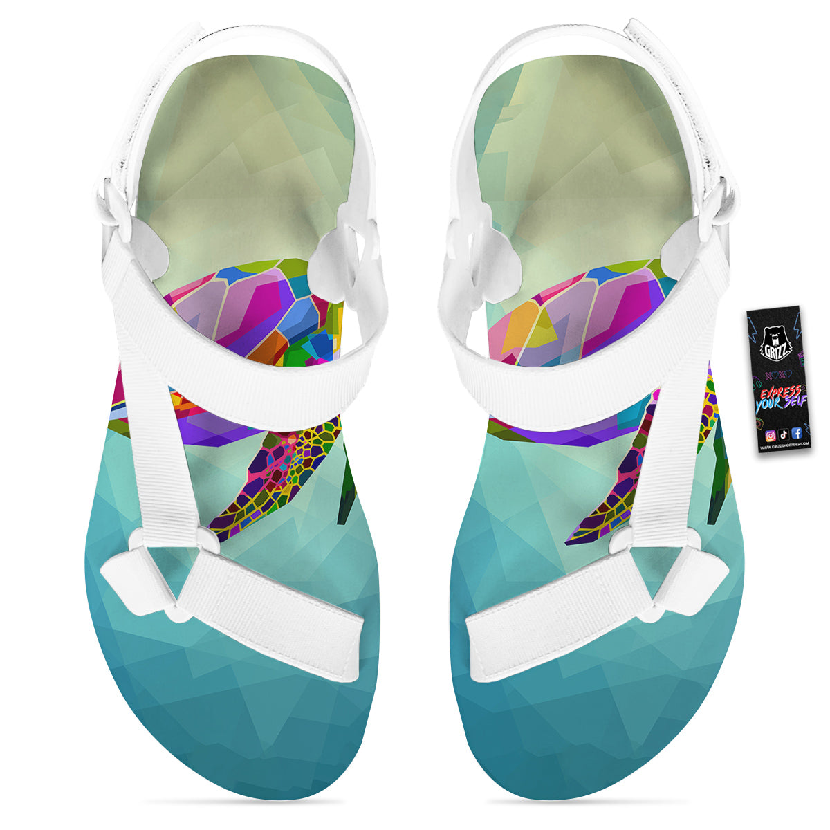 Sea Turtle Colorful Print White Open Toe Sandals-grizzshop