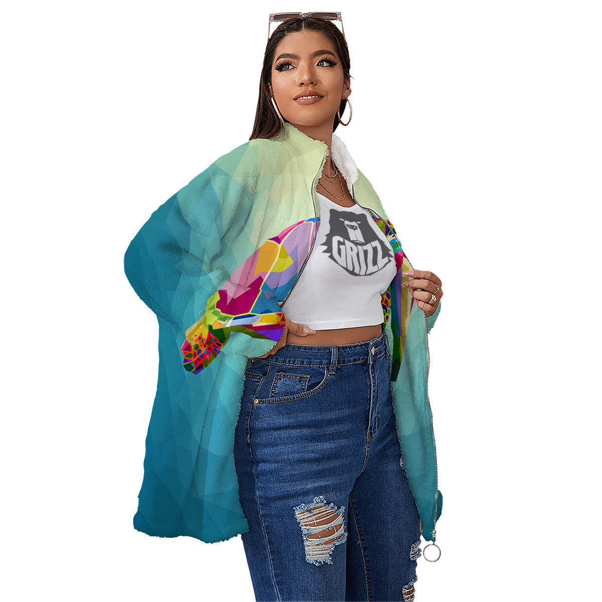 Sea Turtle Colorful Print Women's Sherpa Jacket-grizzshop