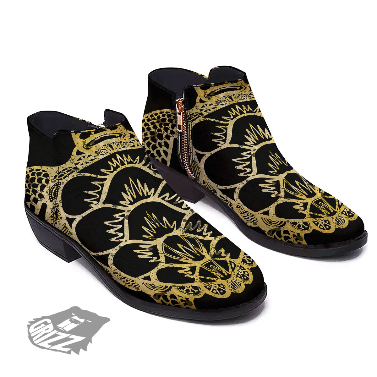 Sea Turtle Gold And Black Print Ankle Boots-grizzshop