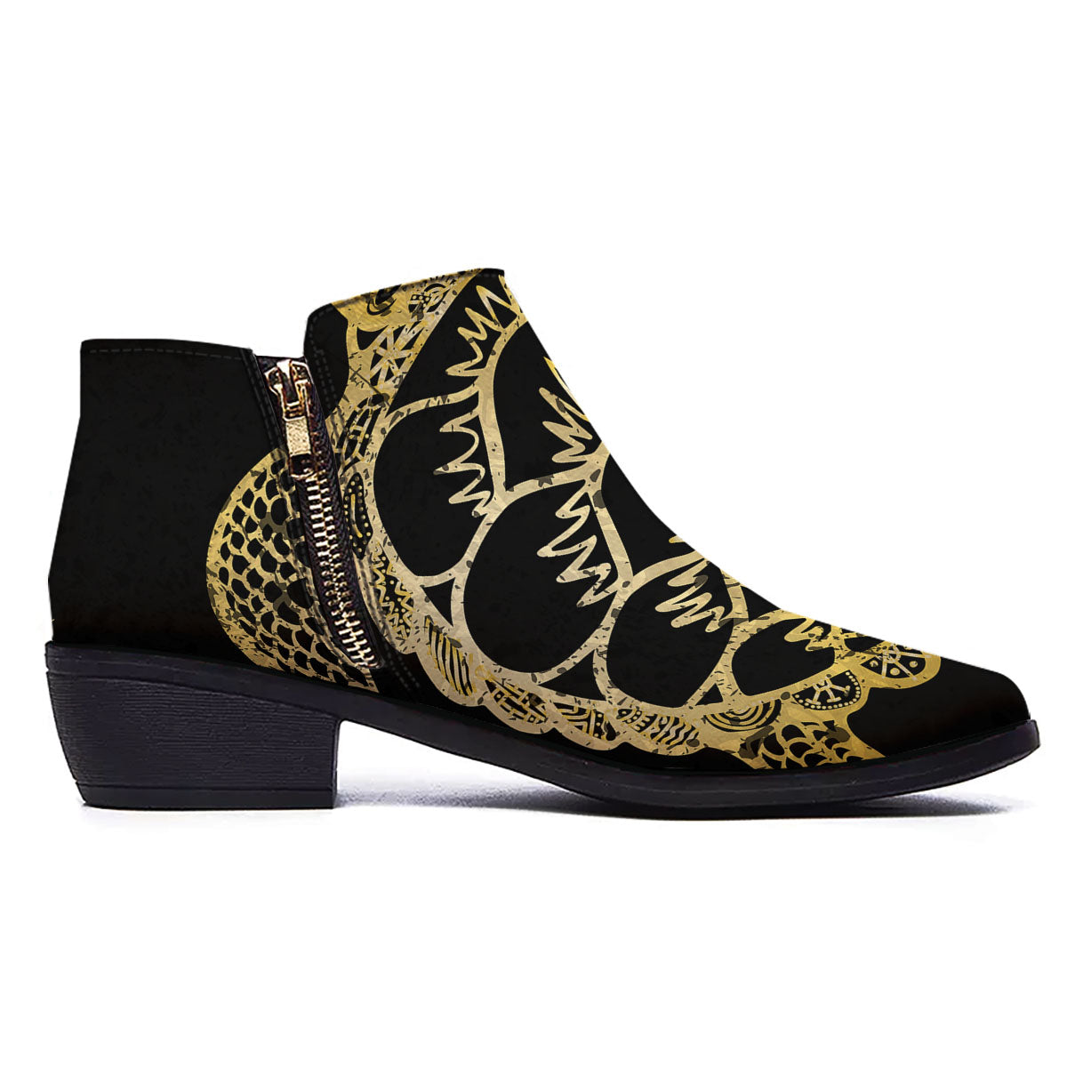 Sea Turtle Gold And Black Print Ankle Boots-grizzshop