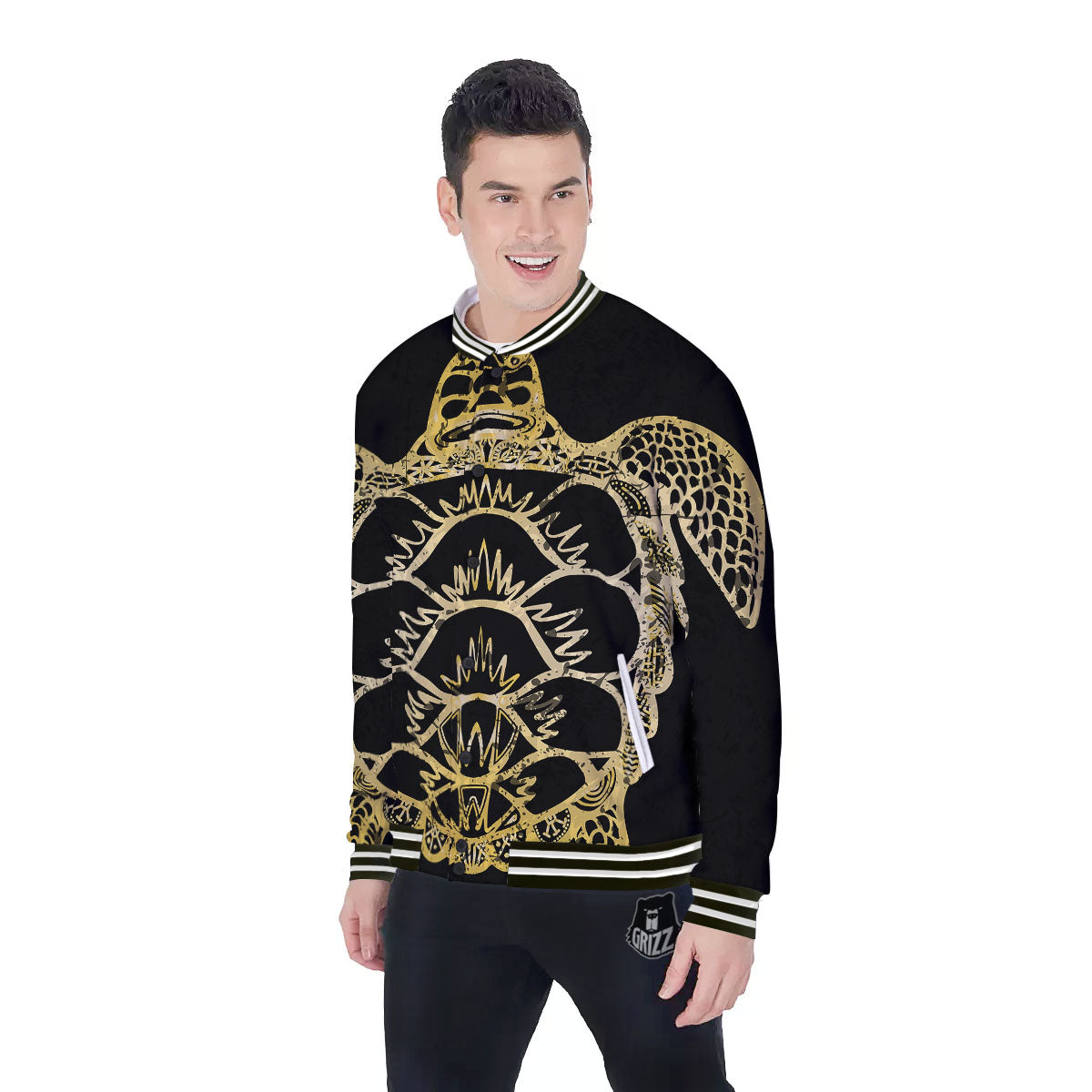 Sea Turtle Gold And Black Print Baseball Jacket-grizzshop