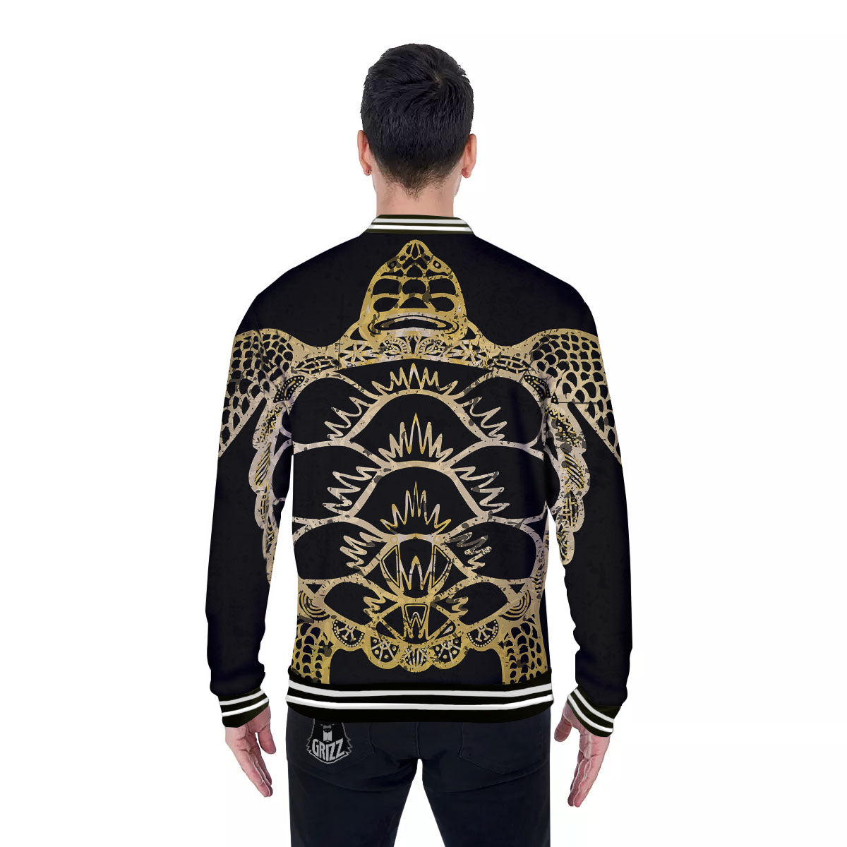 Sea Turtle Gold And Black Print Baseball Jacket-grizzshop