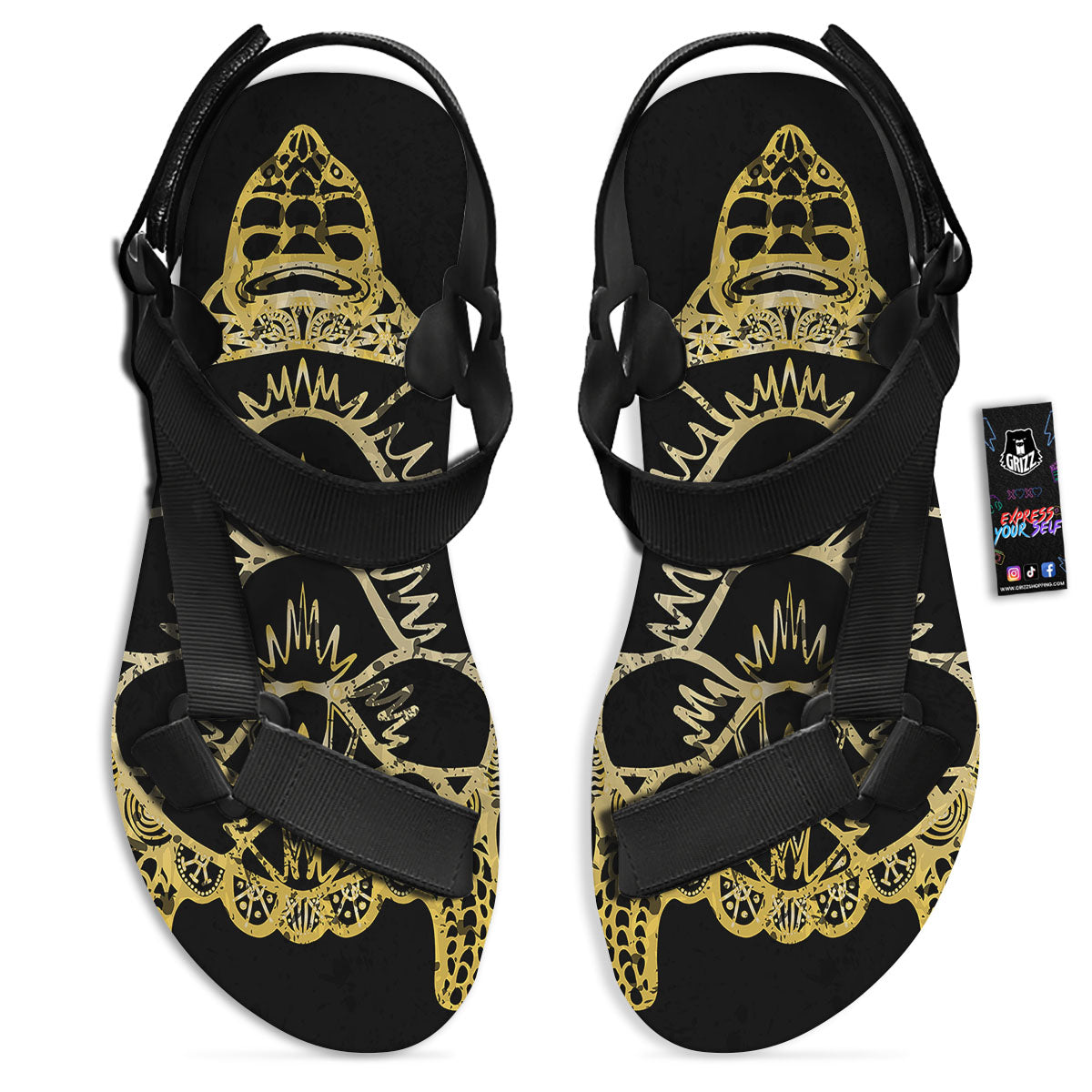 Sea Turtle Gold And Black Print Black Open Toe Sandals-grizzshop